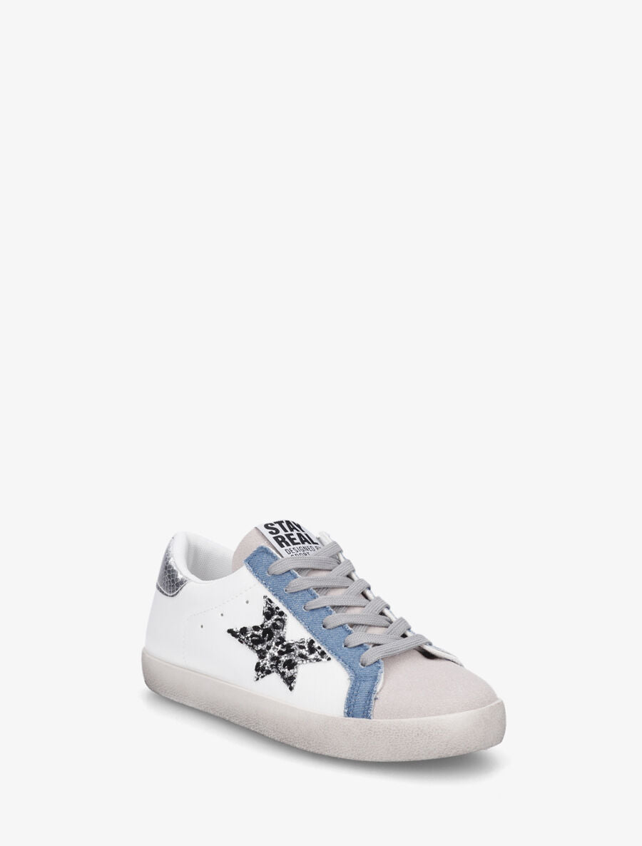 Baskets bi-matière motif étoile fantaisie - Blanc/bleu denim - 2