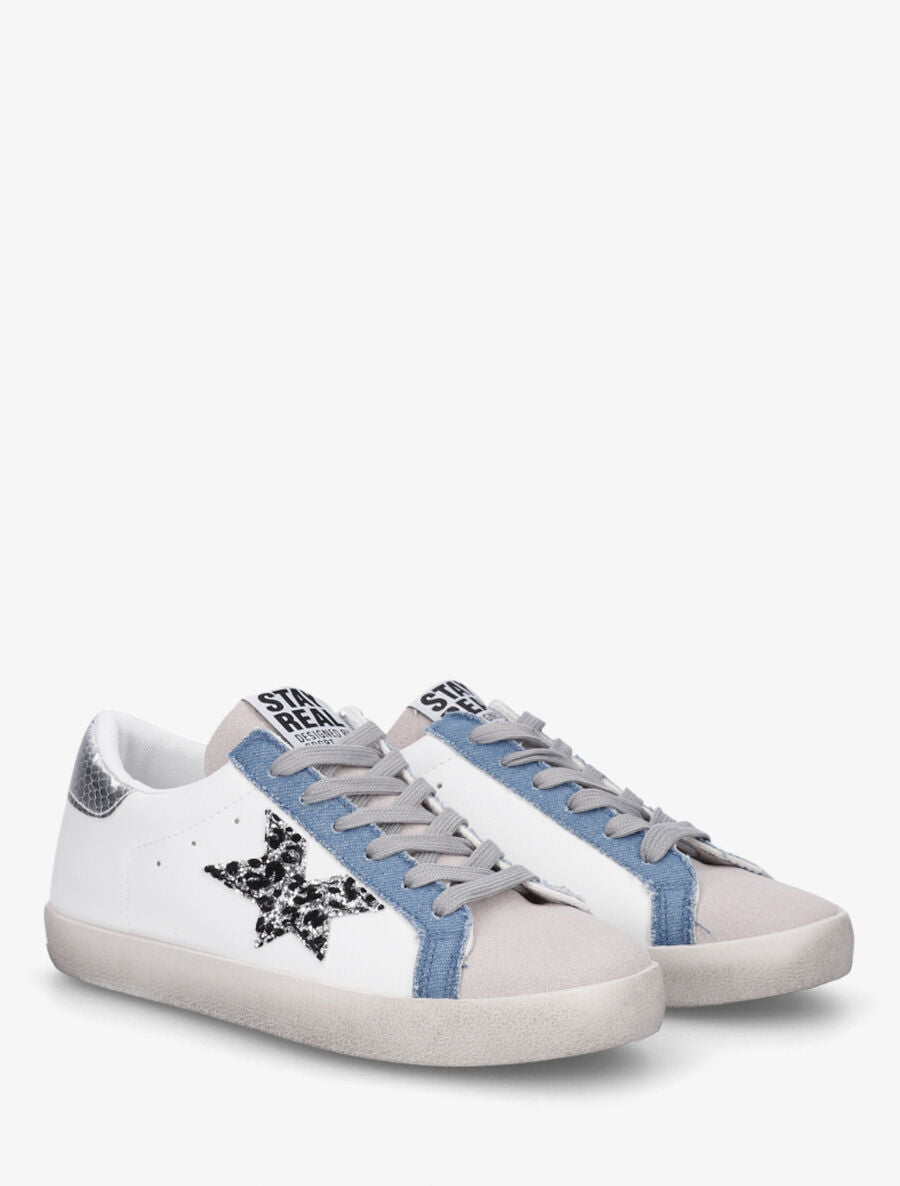 Baskets bi-matière motif étoile fantaisie - Blanc/bleu denim - 4