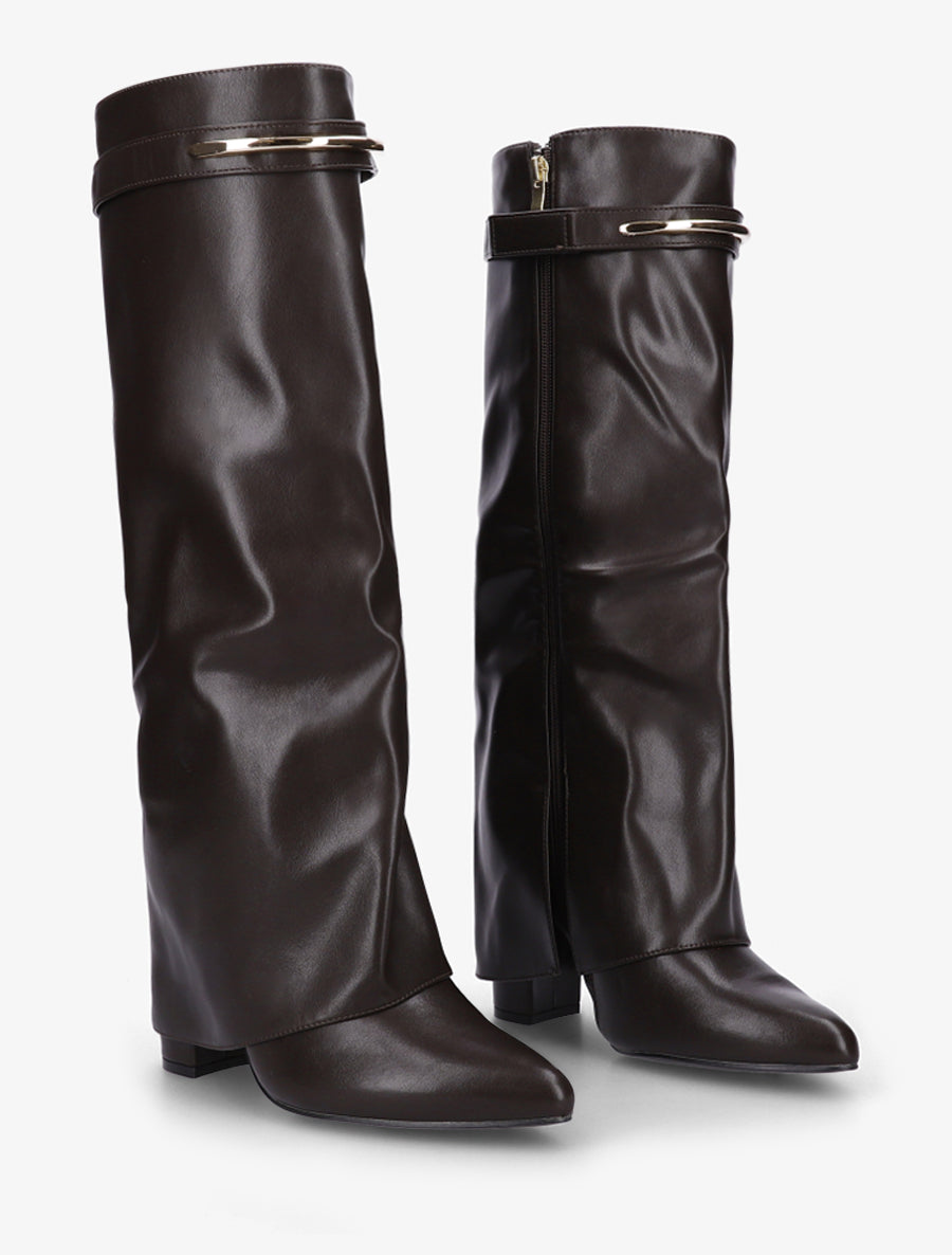 Bottes fourreau en simili avec sangle amovible à empiècement métallique - Chocolat - 4