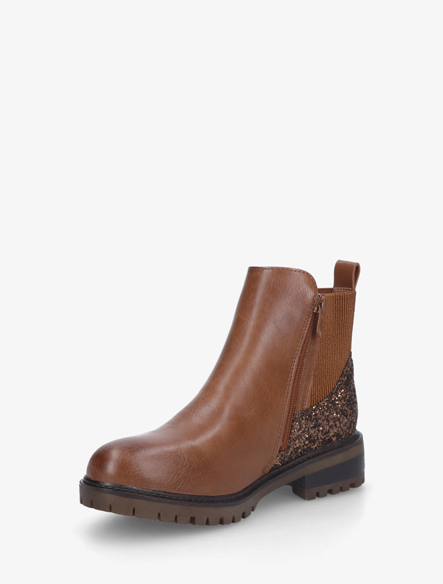 Bottines élastiquées à contrefort pailleté et zip - Camel - 3