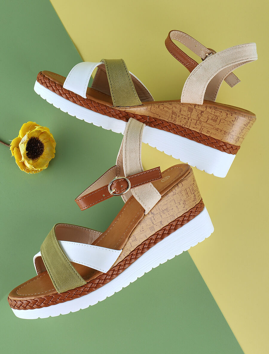 Sandales à brides croisées bi-matière - Kaki - 1
