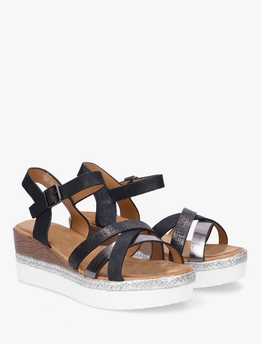 Sandales compensées brides croisées irisées - Noir - 4