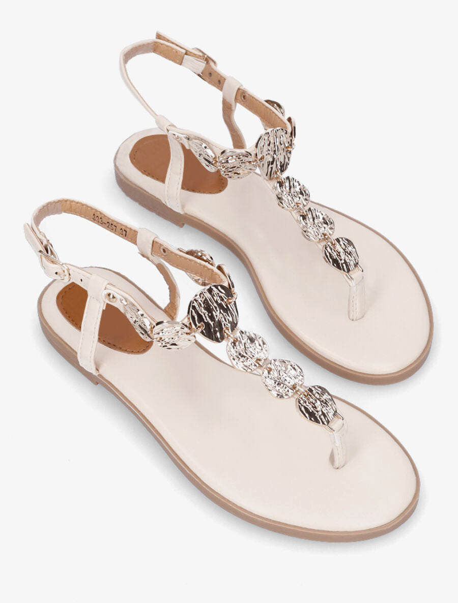 Nu-pieds à bride bijoux martelés - Beige - 4