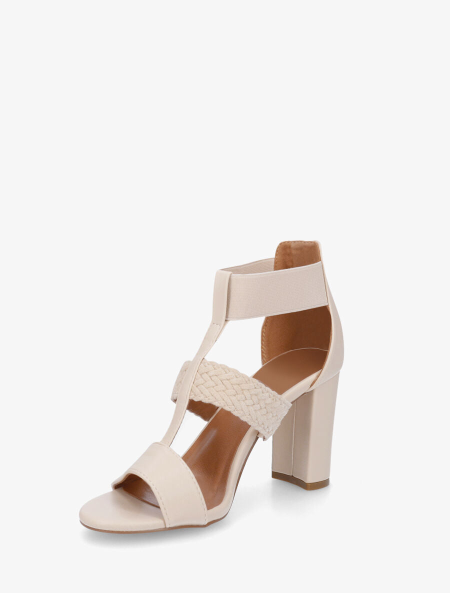 Sandales à talon et bi-matière - Beige - 4