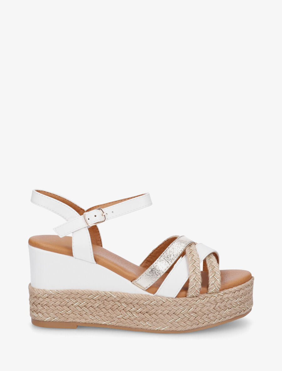 Sandales compensées brides raphia et simili - Blanc - 5