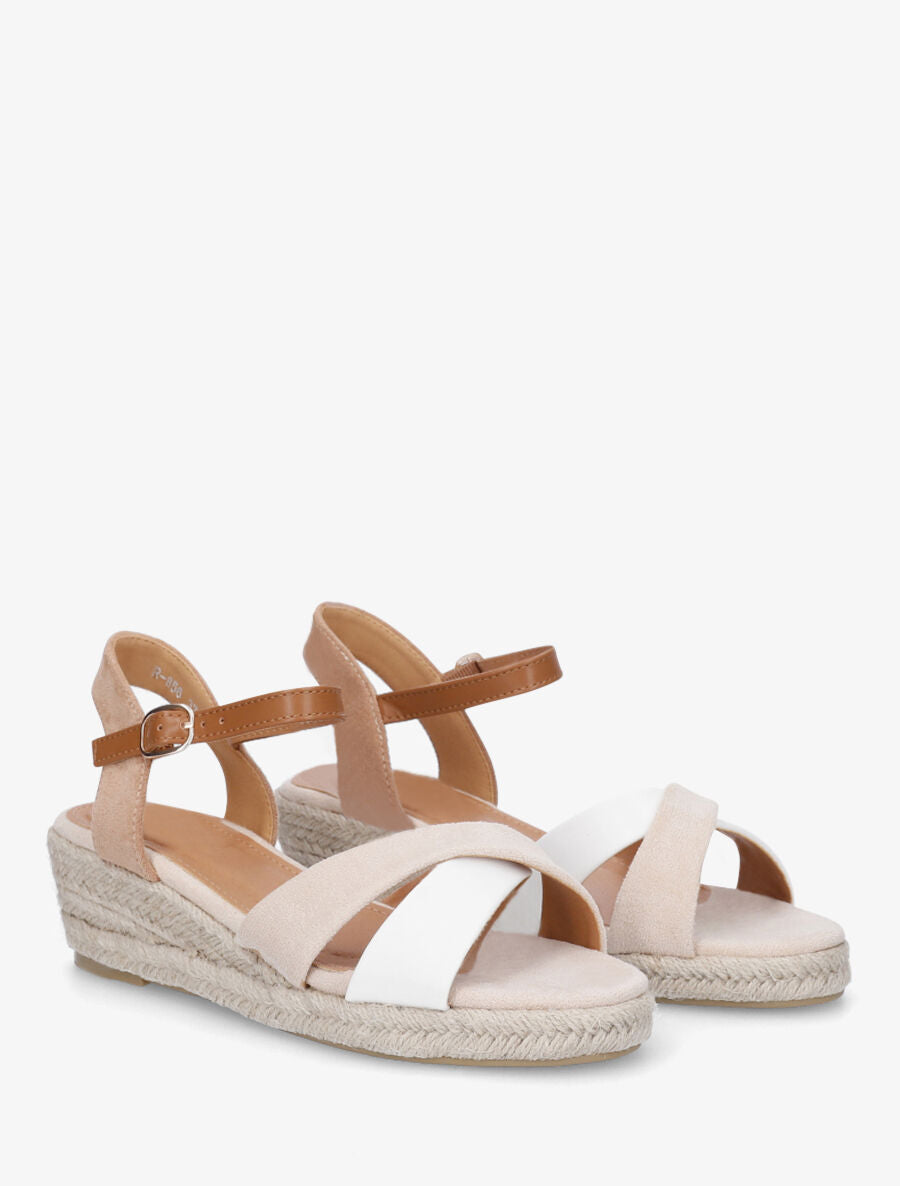 Sandales bi-matière à talon compensé - Beige - 4