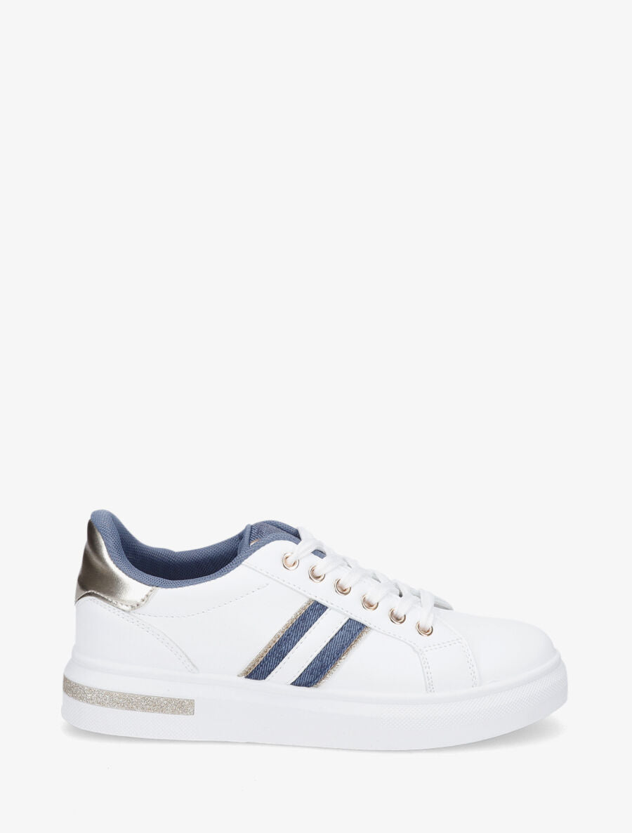 Baskets en simili avec bandes en tissu et paillettes - Bleu jeans - 1