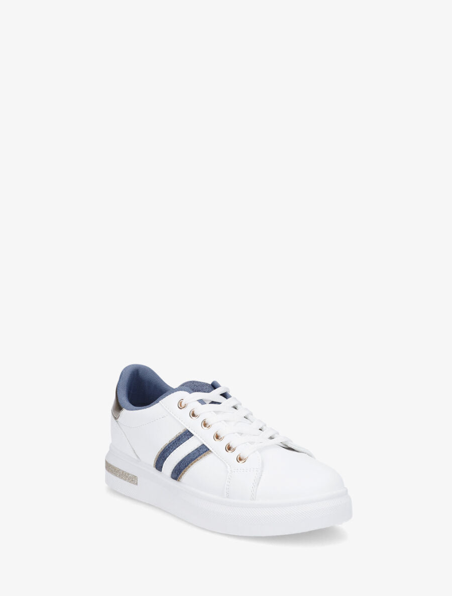 Baskets en simili avec bandes en tissu et paillettes - Bleu jeans - 2