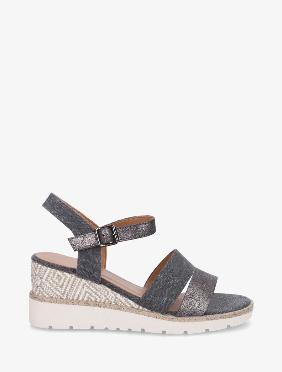 Sandales compensées en simili et tissu - Noir - 1