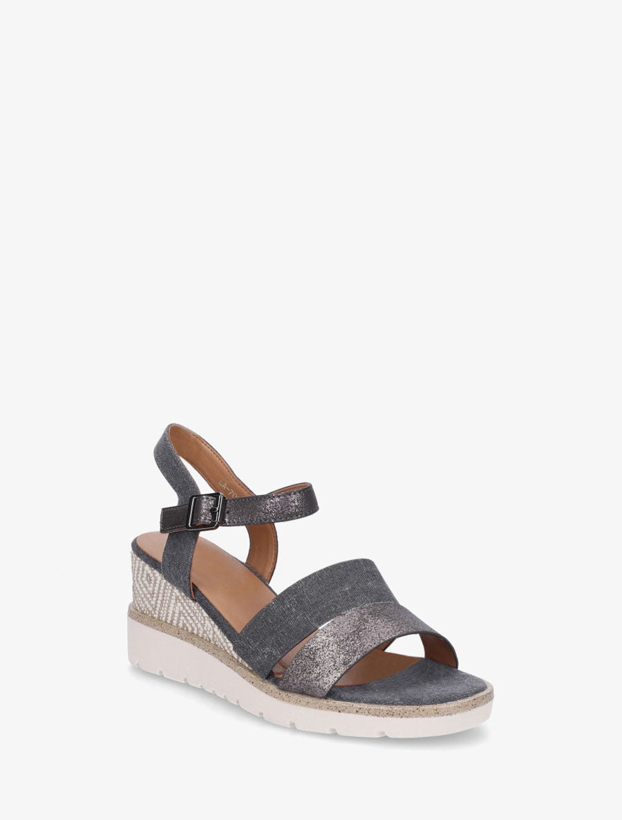 Sandales compensées en simili et tissu - Noir - 2