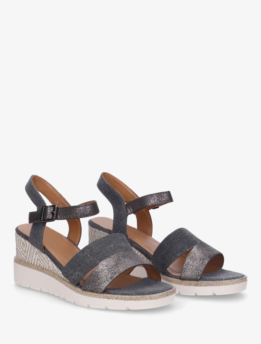 Sandales compensées en simili et tissu - Noir - 4