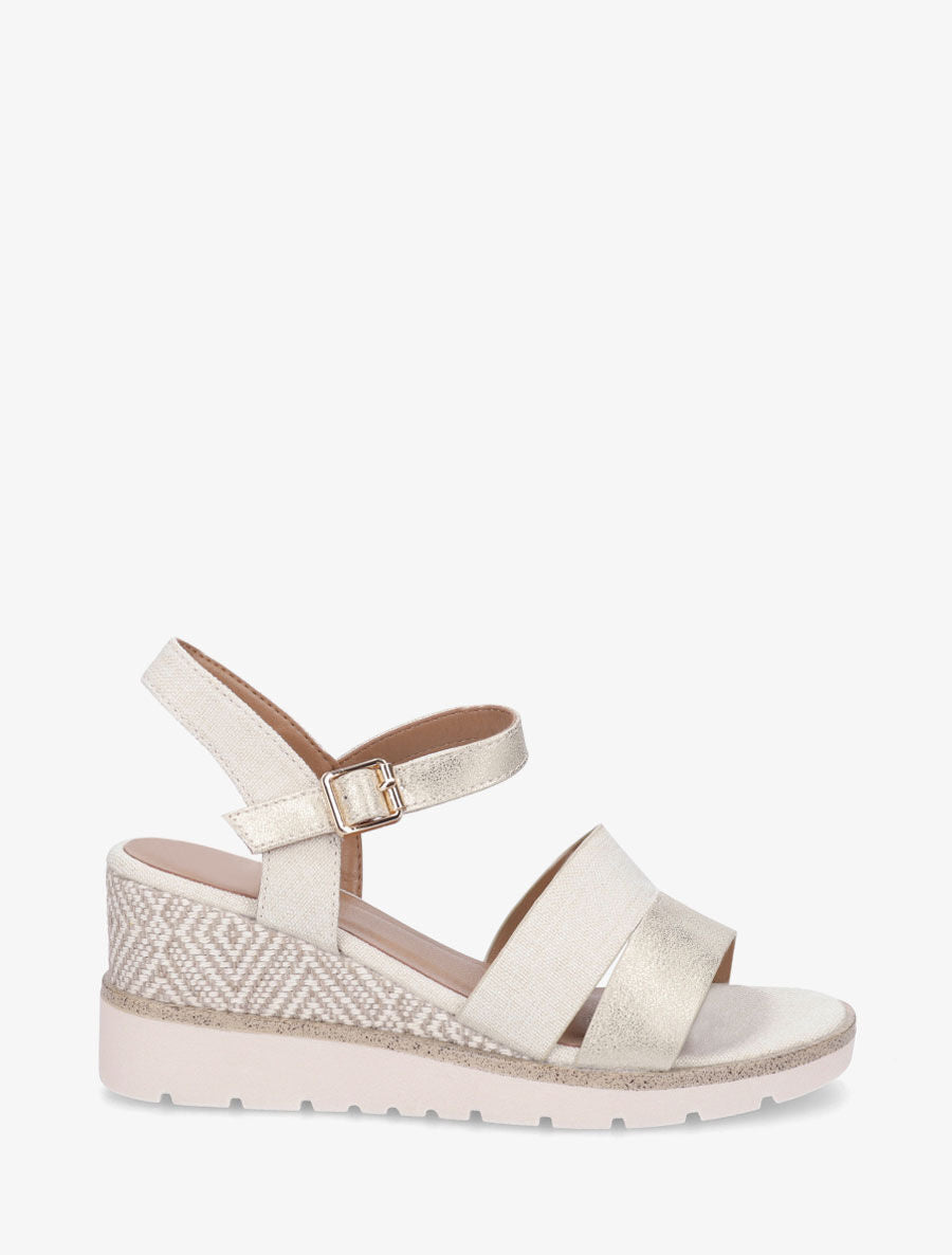 Sandales compensées en simili et tissu - Beige - 1