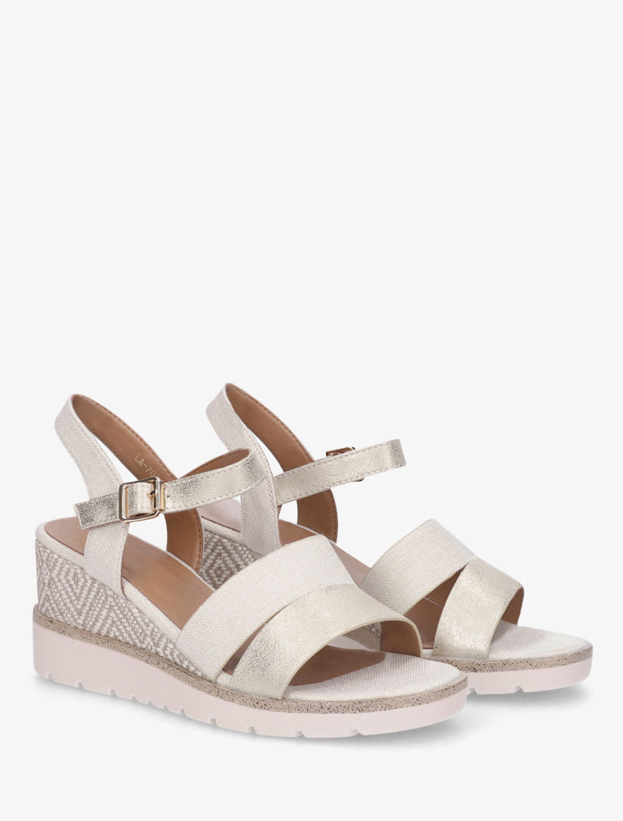 Sandales compensées en simili et tissu - Beige - 4
