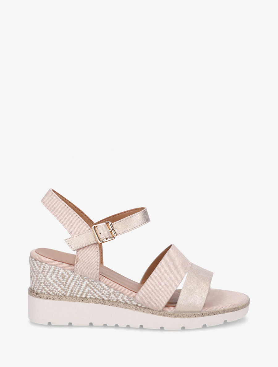 Sandales compensées en simili et tissu - Rose - 5