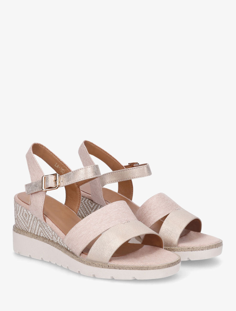 Sandales compensées en simili et tissu - Rose - 4