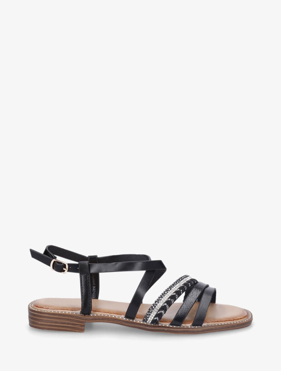 Nu-pieds à tresse et strass - Noir - 1