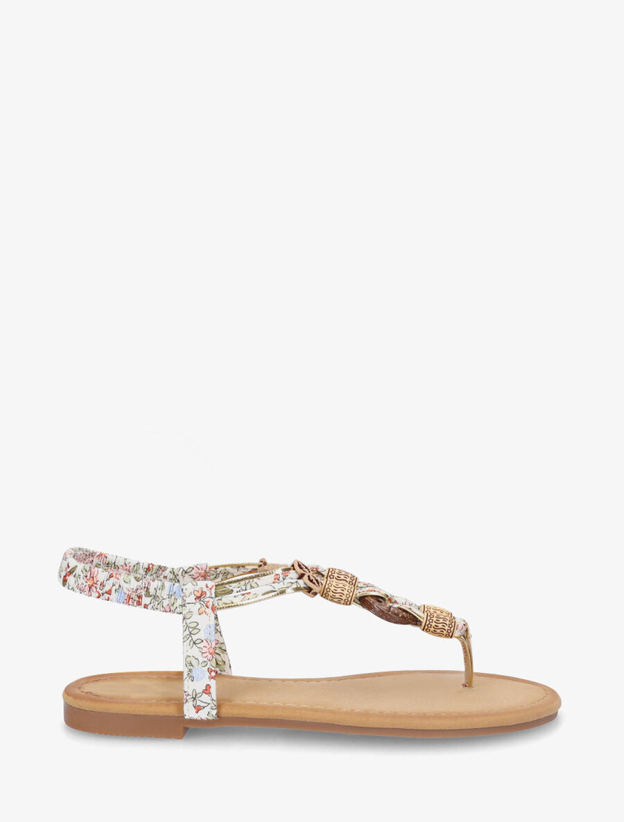 Nu-pieds imprimé fleuri et perles en bois - Blanc - 5