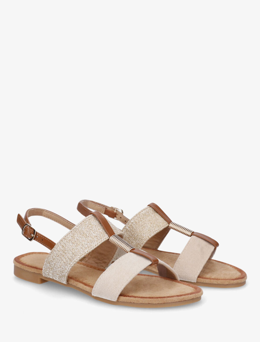 Nu-pieds à brides bimatière et empiècement métal - Beige - 4