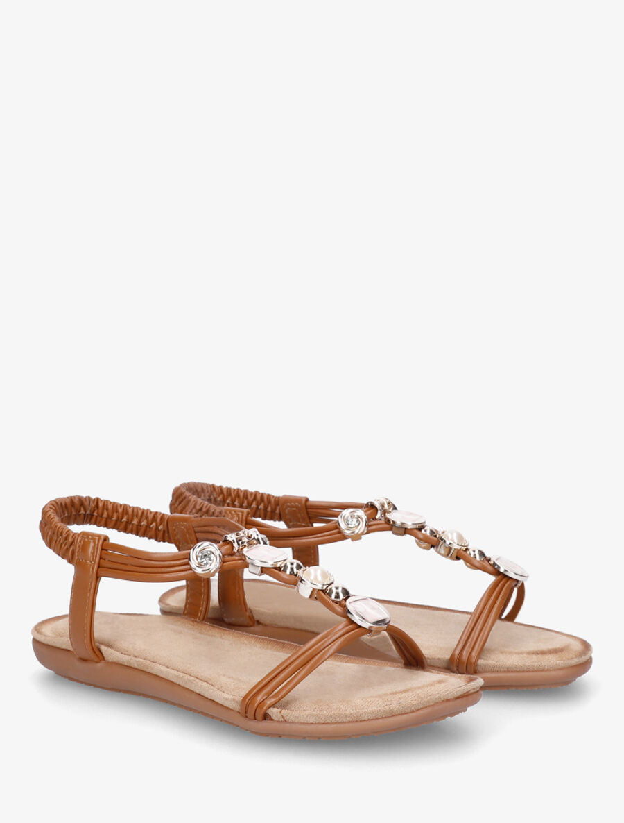 Nu-pieds à empiècement strass et bijoux - Camel - 4
