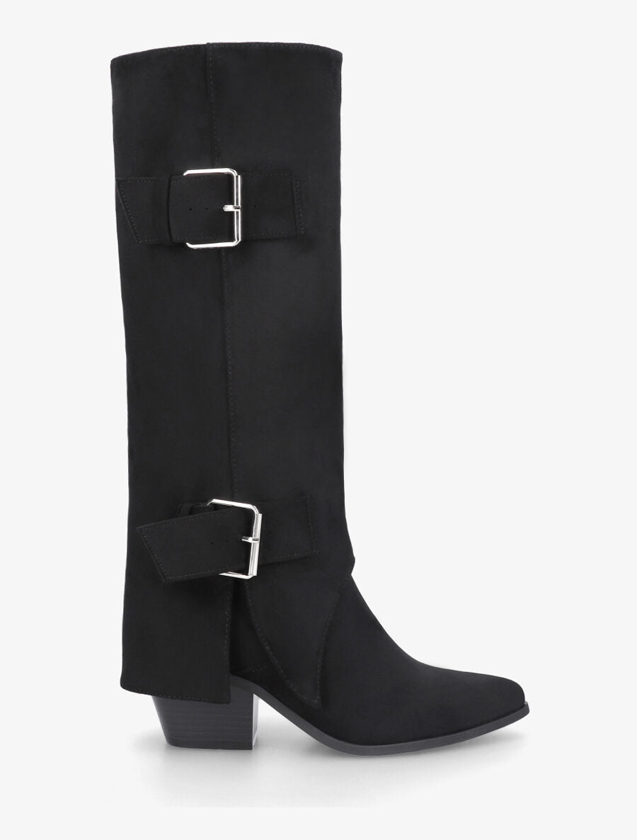 Bottes en suédine à revers et ceinturons - Noir - 5