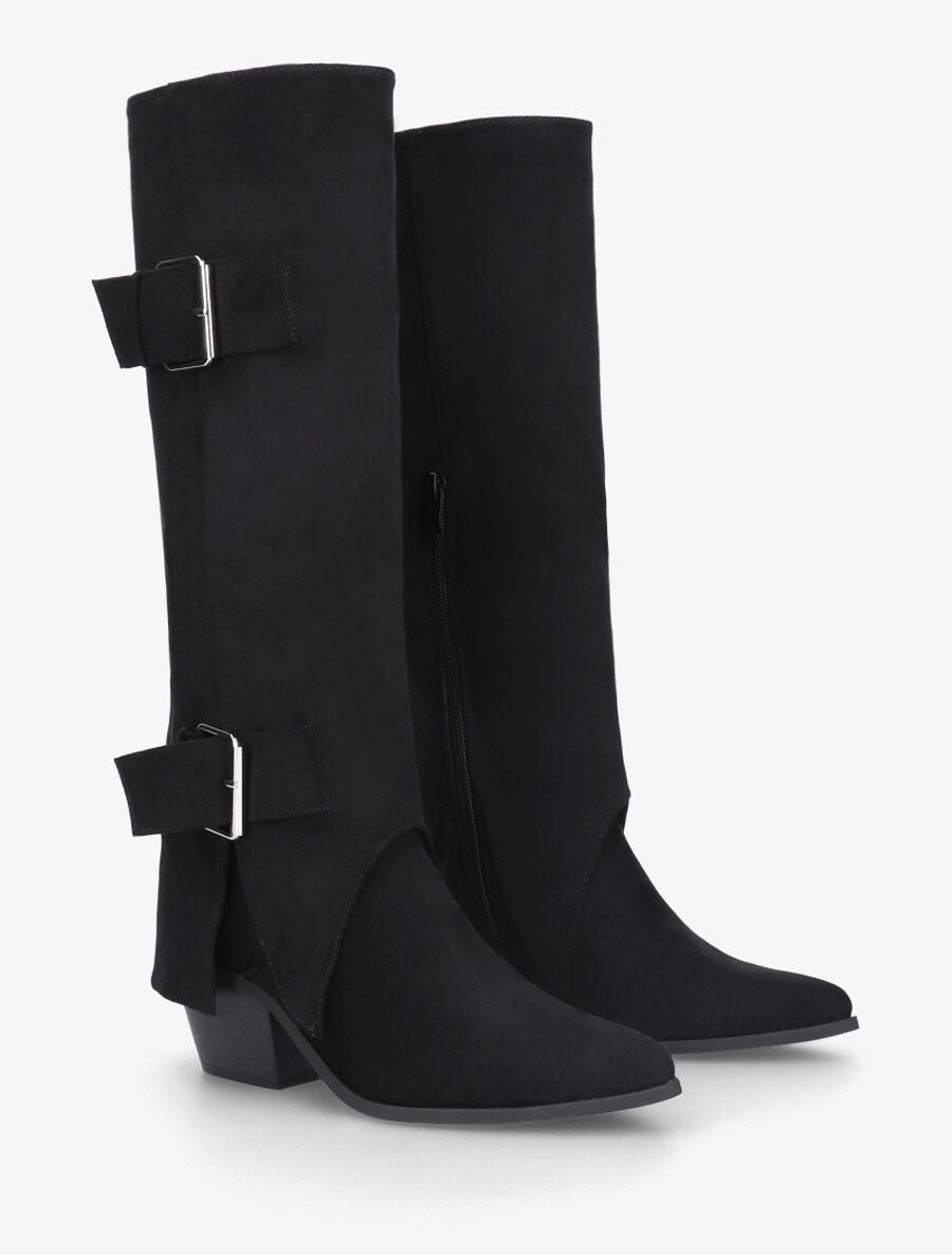 Bottes en suédine à revers et ceinturons - Noir - 4