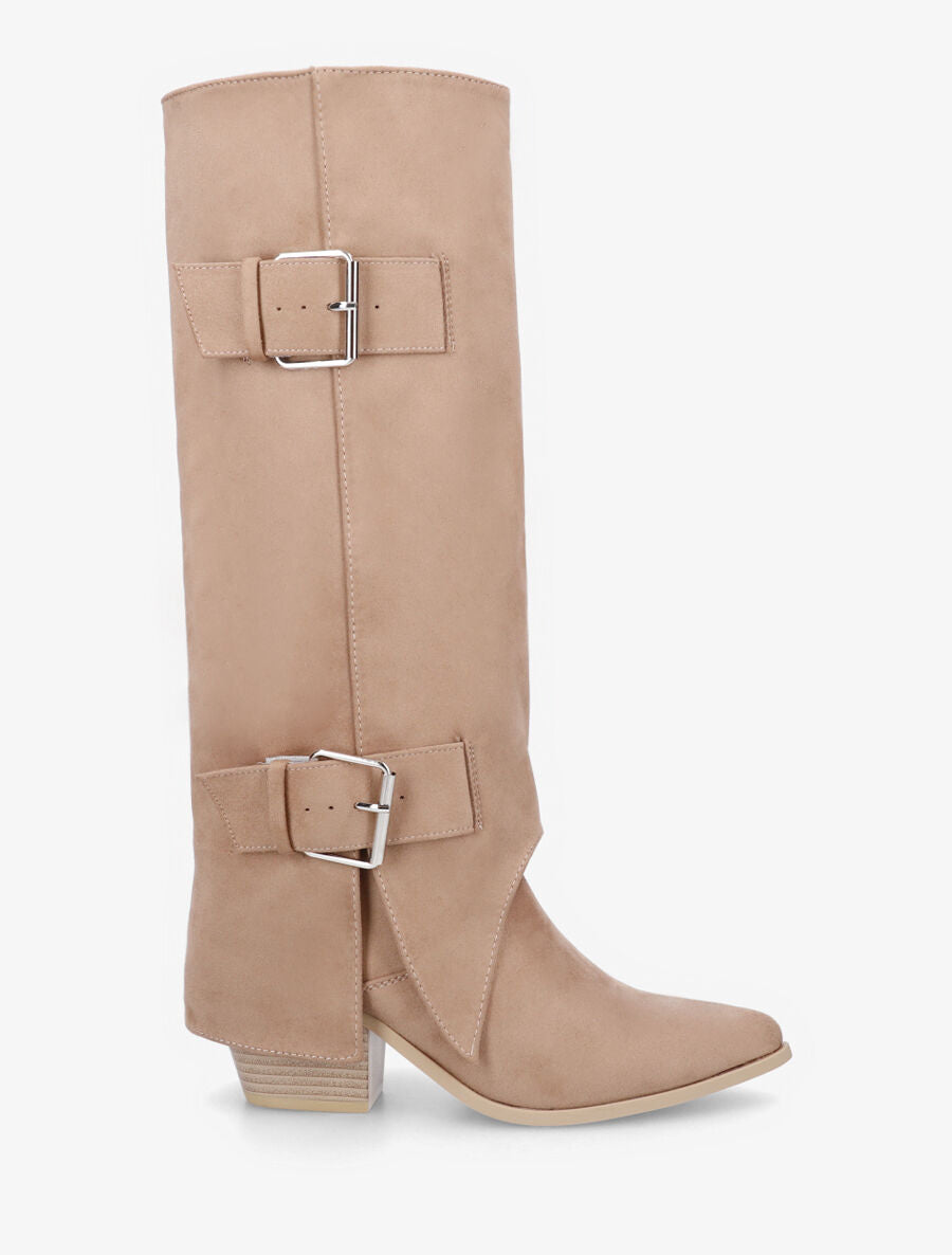 Bottes en suédine à revers et ceinturons - Beige - 1