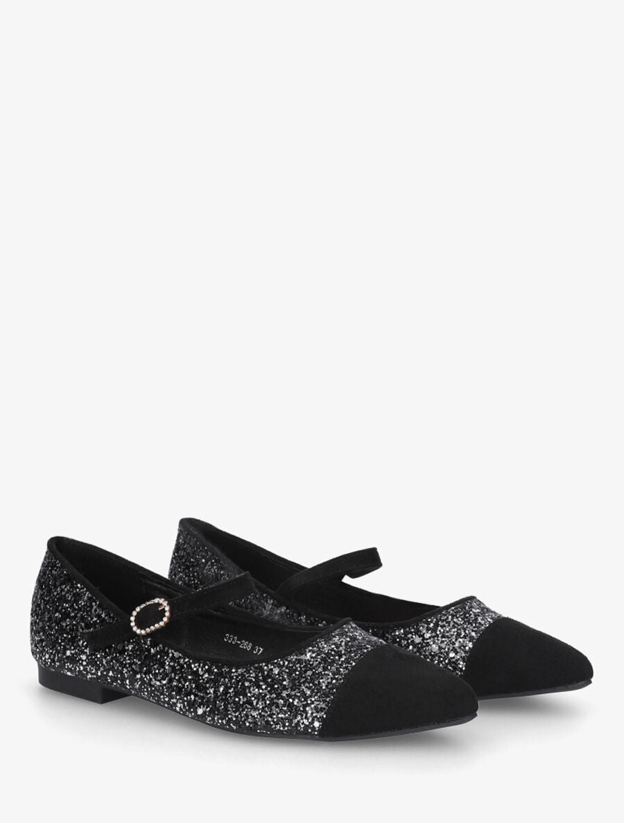 Ballerines en suédine à paillettes et boucle strassée - Noir - 4