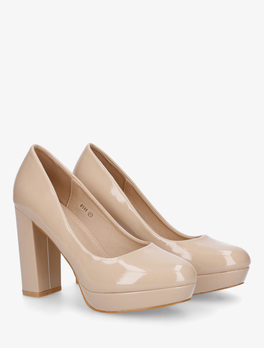 Escarpins vernis à talon épais - Beige - 4