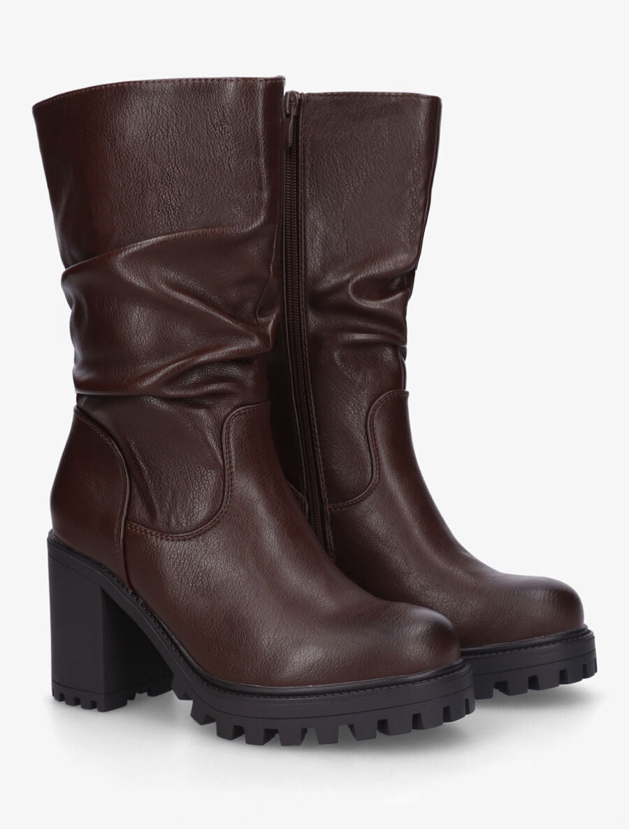 Bottines montantes et plissées en simili - Marron - 4
