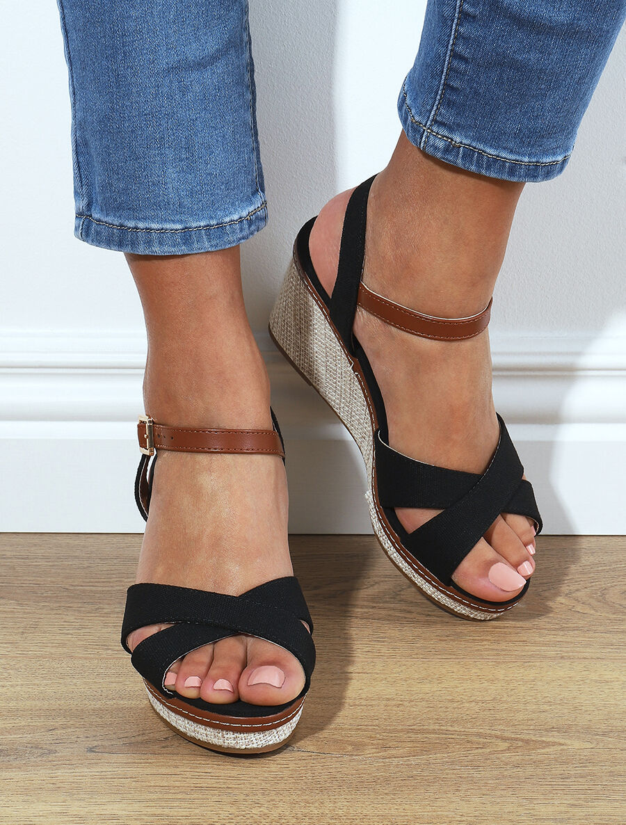 Sandales à brides croisées et semelle style osier - Noir - 1