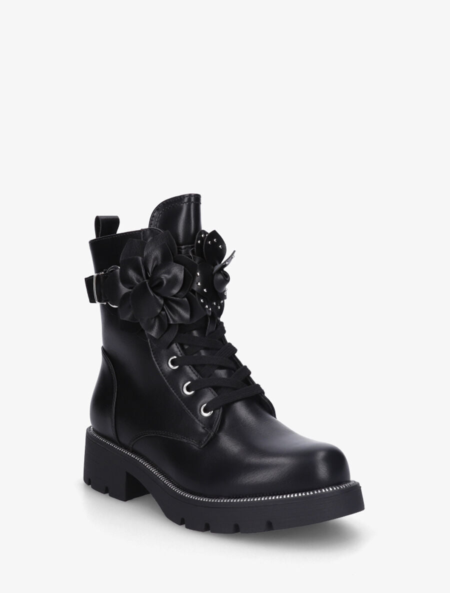 Bottines en simili à empiècement fleurs - Noir - 2