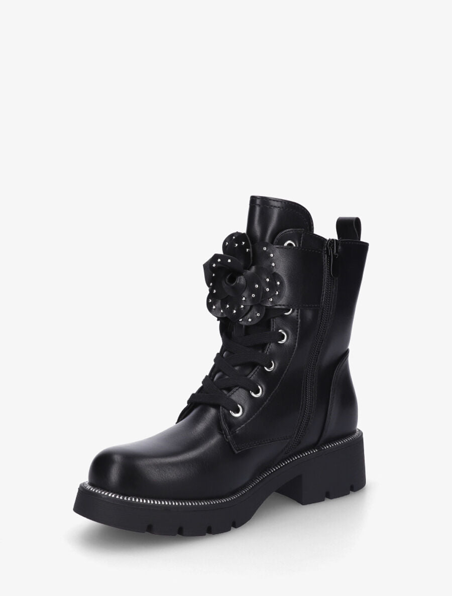 Bottines en simili à empiècement fleurs - Noir - 3