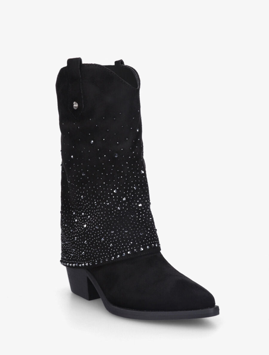 Bottines style santiags à revers strassé - Noir - 2