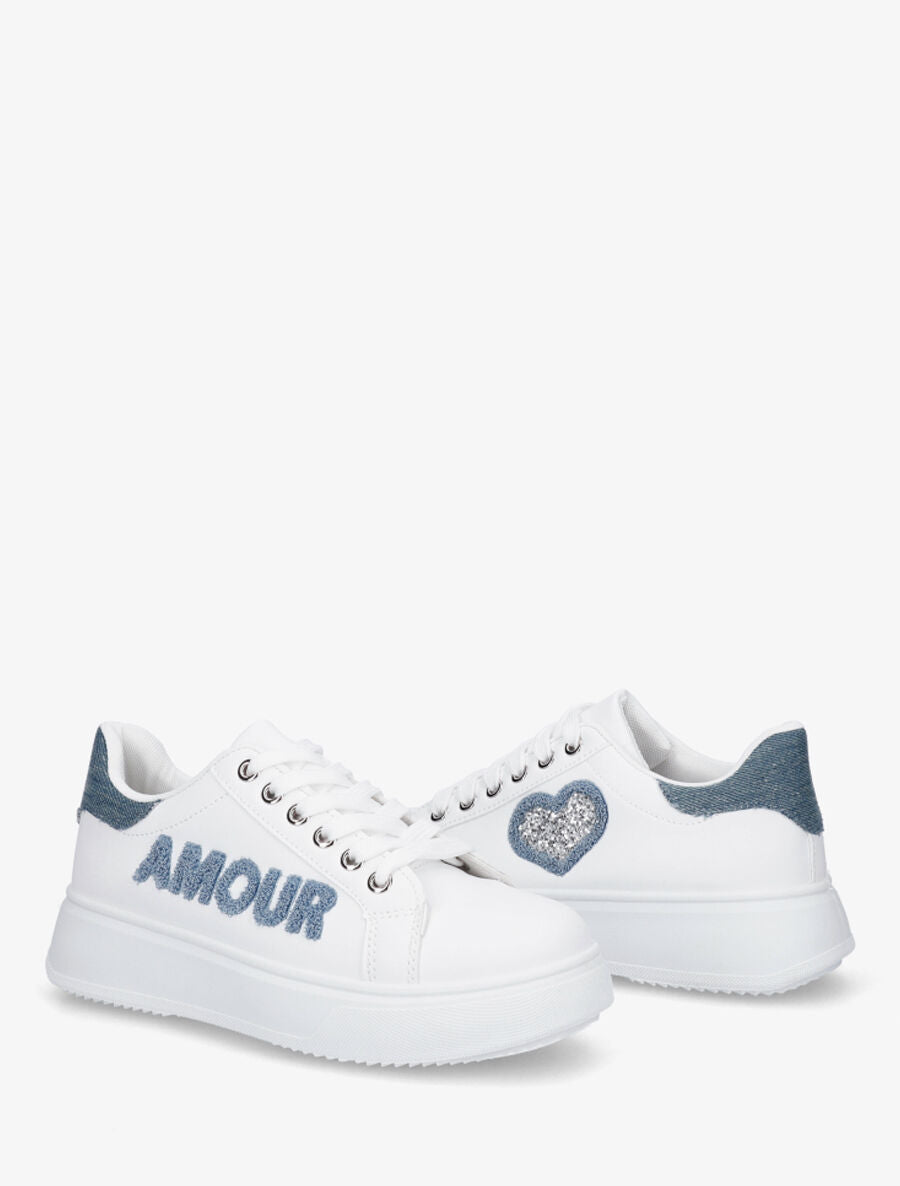 Sneakers en simili à flocage amour et coeur pailleté - Bleu - 4