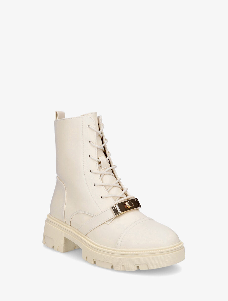 Bottines à lacets et empiècement métal stylisé - Crème - 2