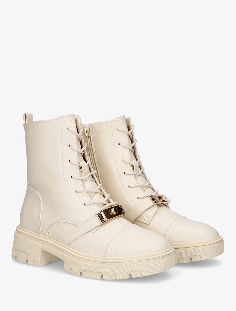 Bottines à lacets et empiècement métal stylisé - Crème - 4
