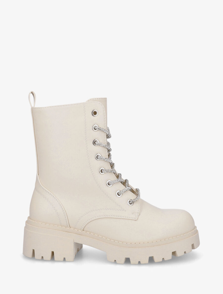 Bottines montantes à lacets strassés - Beige - 5