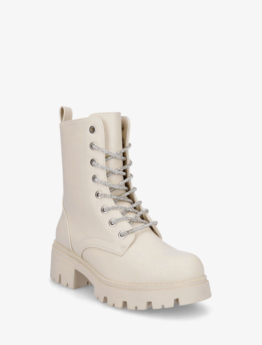 Bottines montantes à lacets strassés - Beige - 2