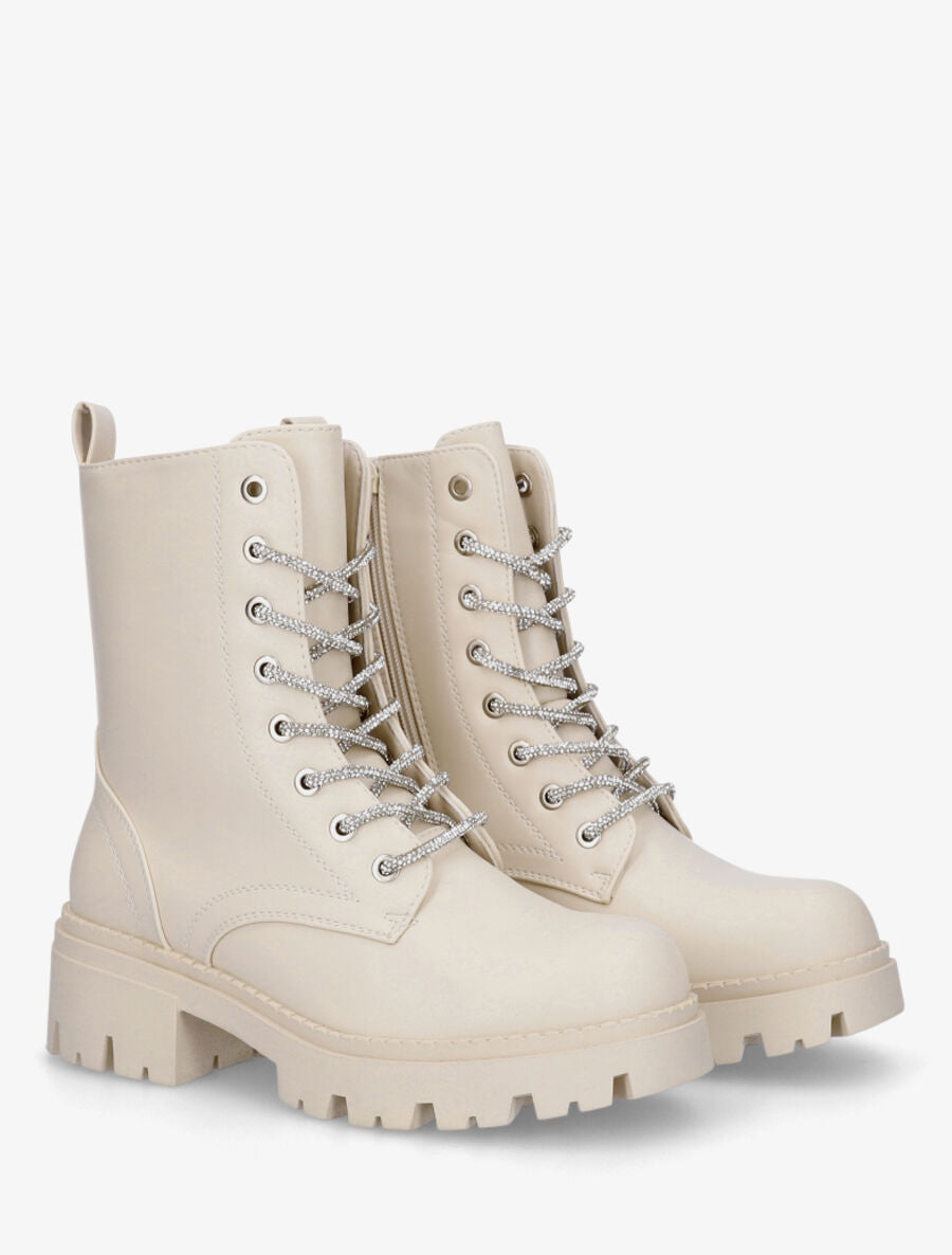 Bottines montantes à lacets strassés - Beige - 4