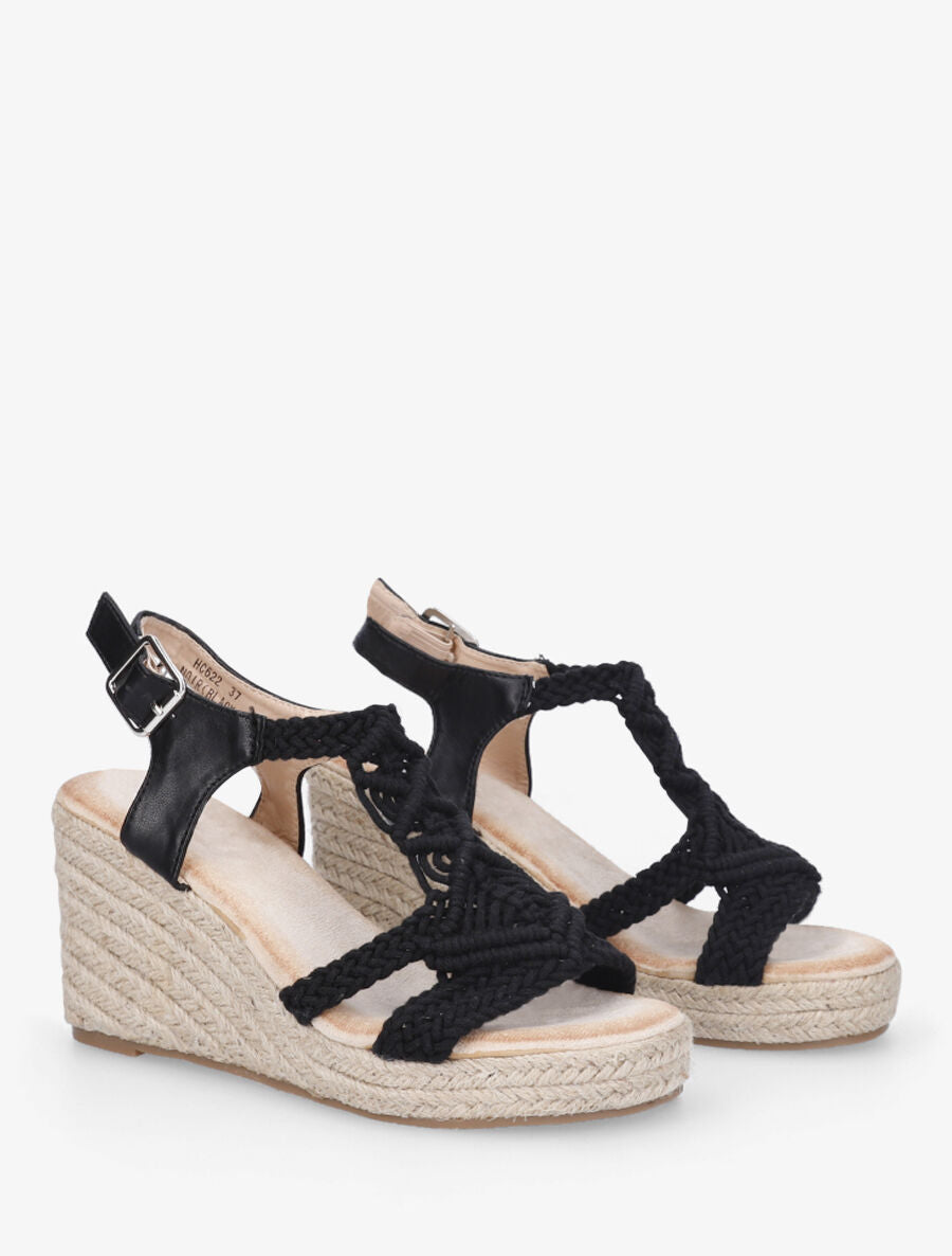 Sandales bi-matière et semelle en raphia - Noir - 4