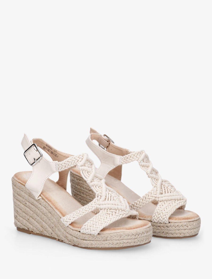 Sandales bi-matière et semelle en raphia - Beige - 4