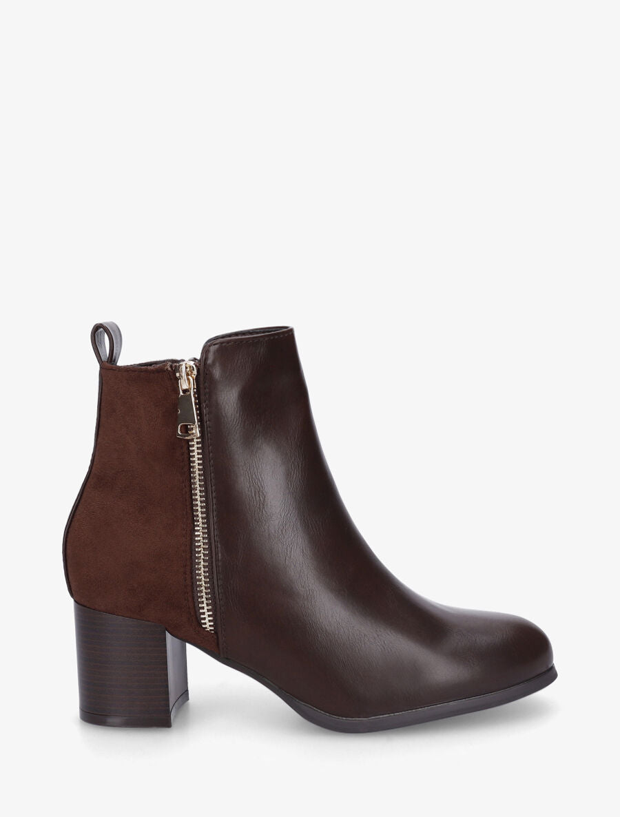Bottines en simili et suédine à zip décoratif - Marron - 1