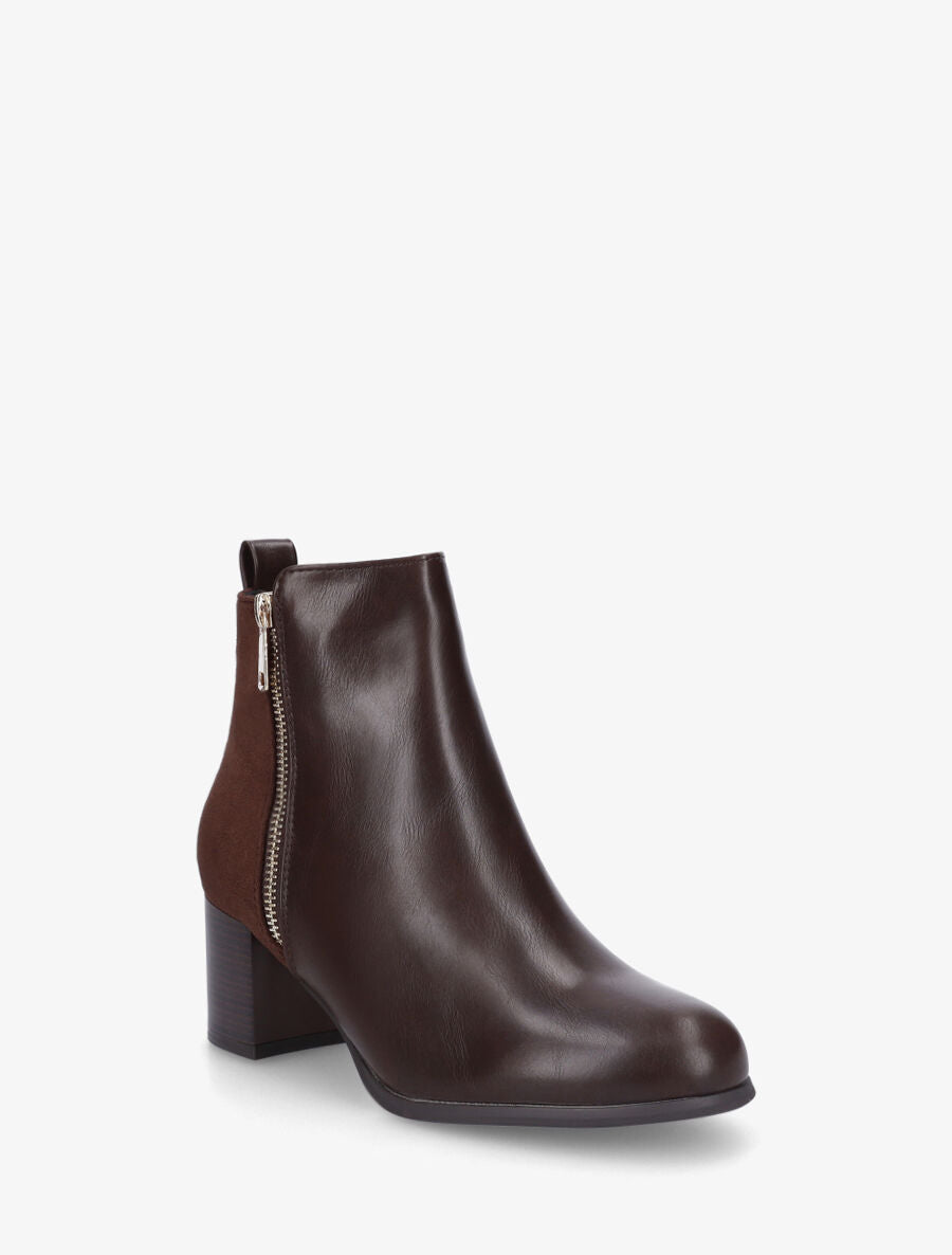 Bottines en simili et suédine à zip décoratif - Marron - 2