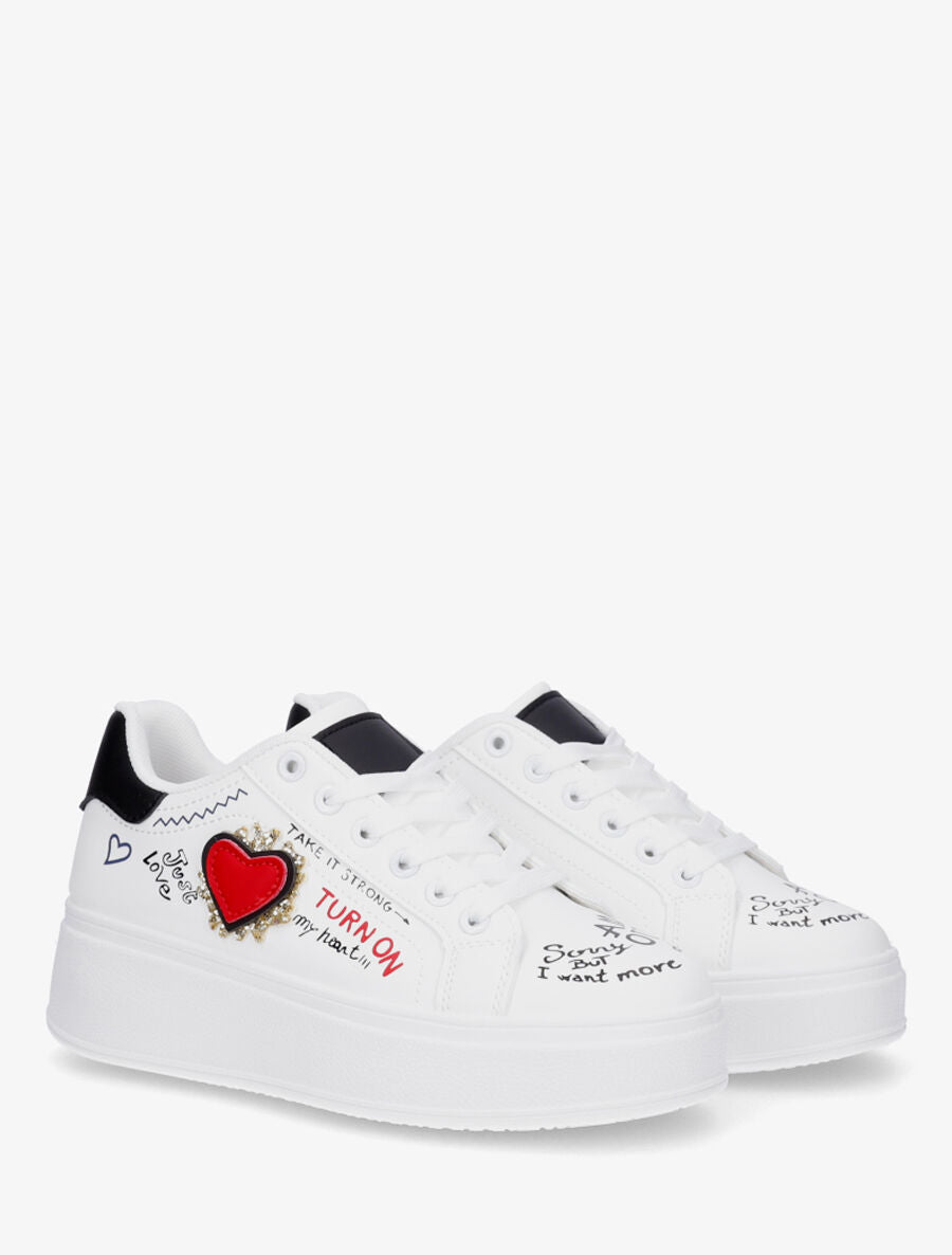 Sneakers à plateforme avec flocage et empiècement coeur - Blanc - 4