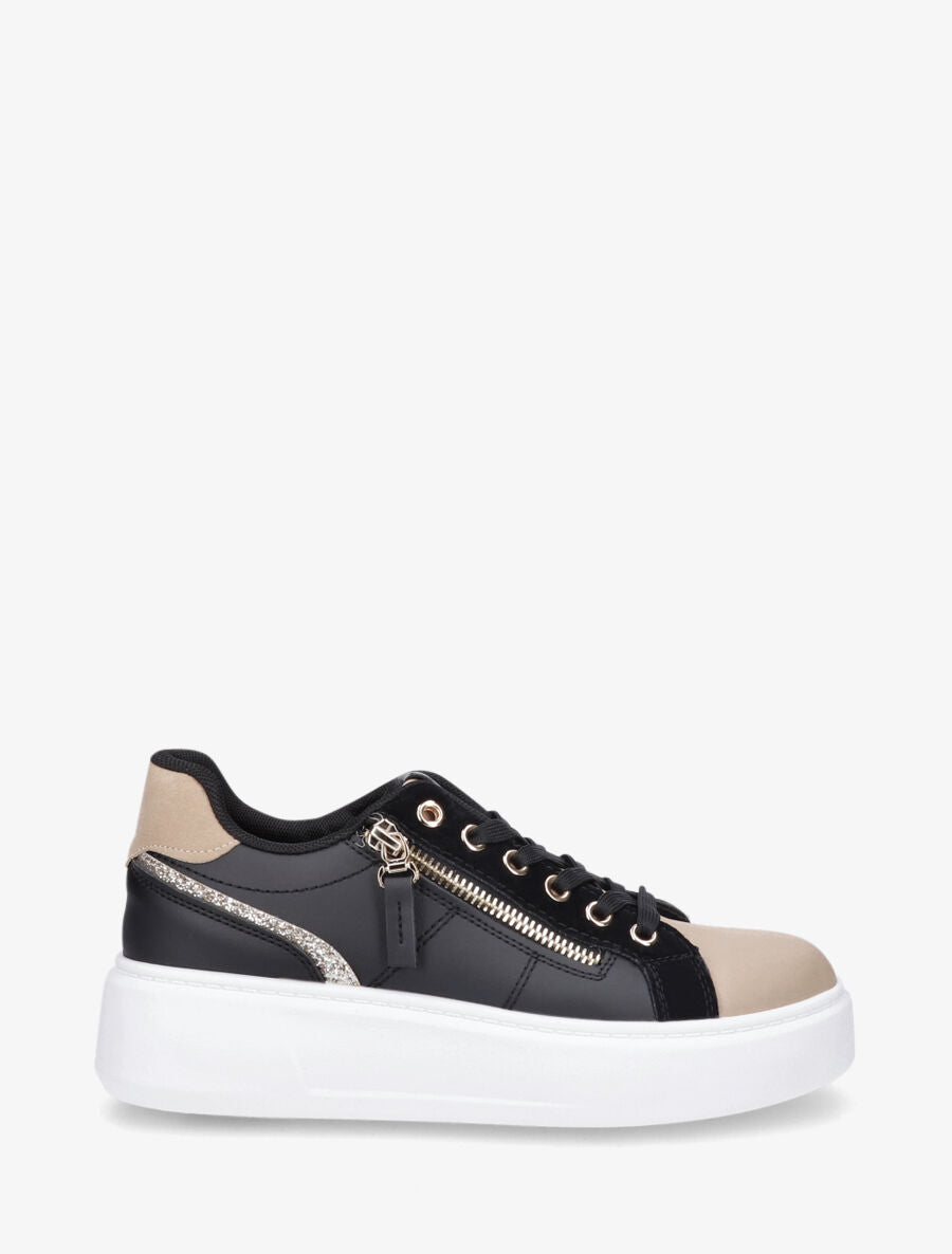 Sneakers unis à zip et bandes pailletées - Noir - 1