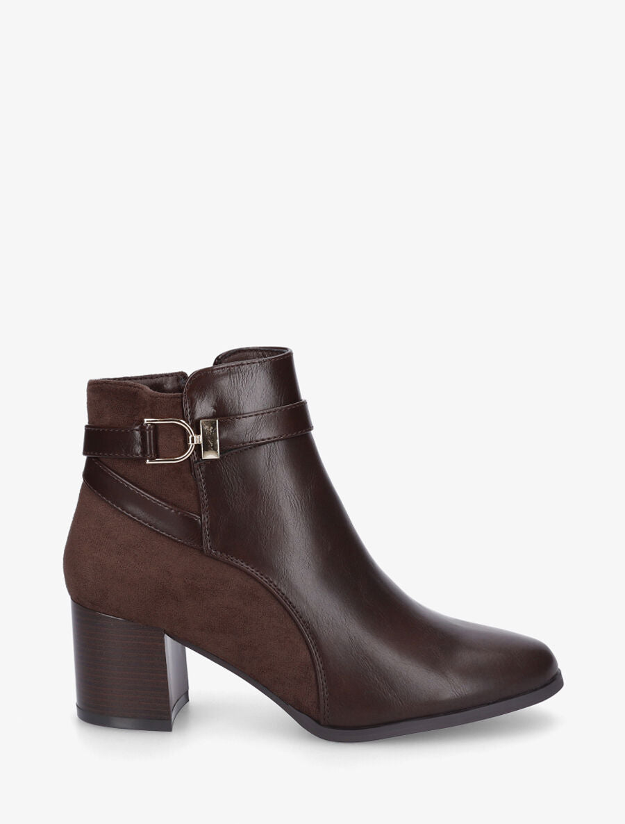 Bottines à talon en simili et suédine - Marron - 5