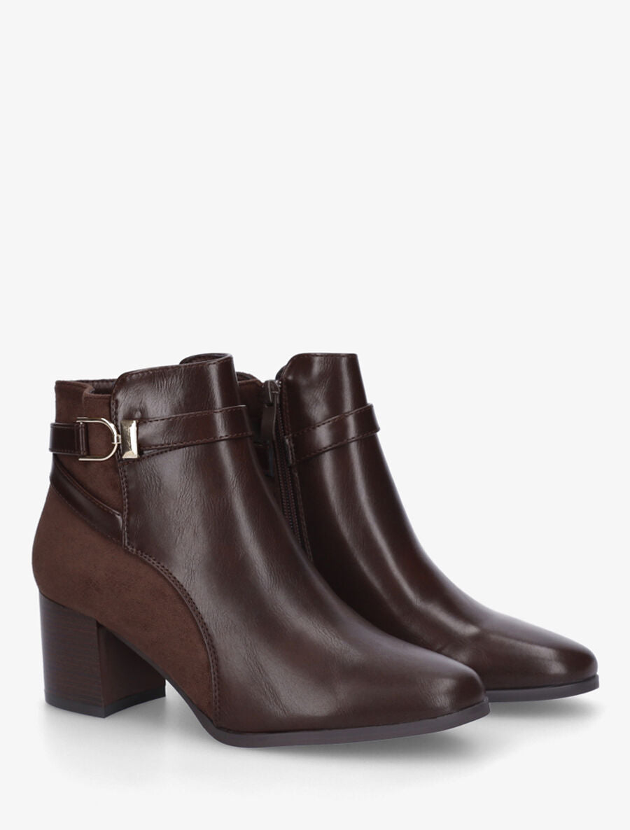 Bottines à talon en simili et suédine - Marron - 4