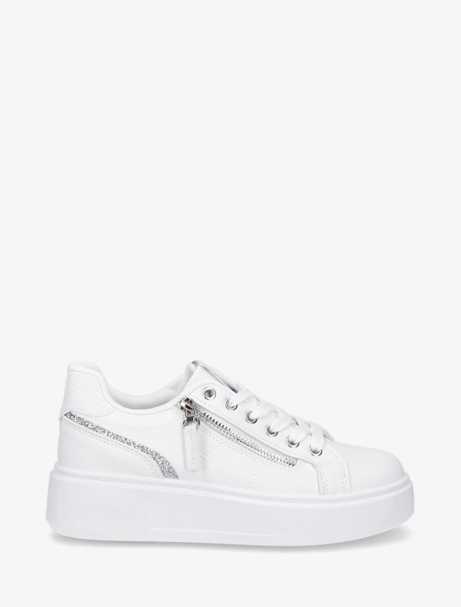 Sneakers unis à zip et bandes pailletées - Blanc - 5