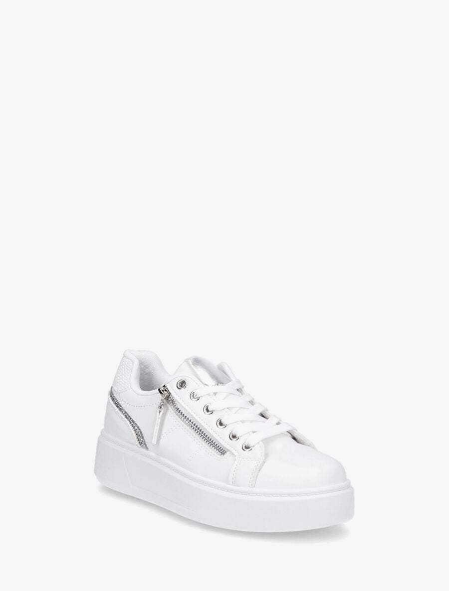 Sneakers unis à zip et bandes pailletées - Blanc - 2