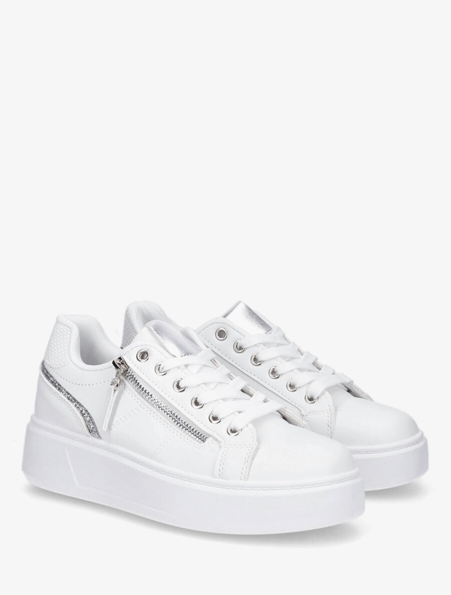 Sneakers unis à zip et bandes pailletées - Blanc - 4